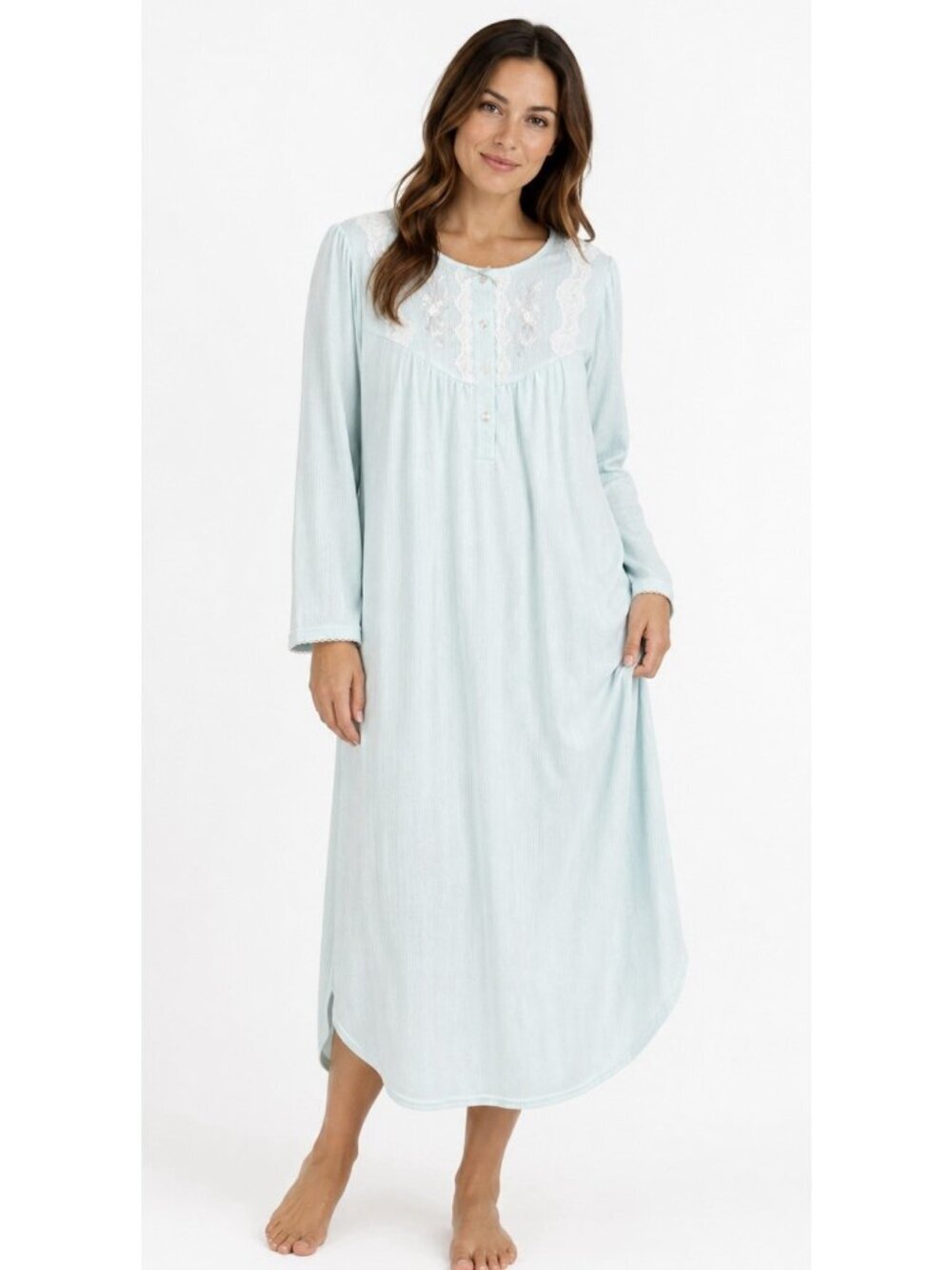 Miss Elaine Nightgown Large Embroidered Long Sleeve Blue Lace Cuddleknit NWT